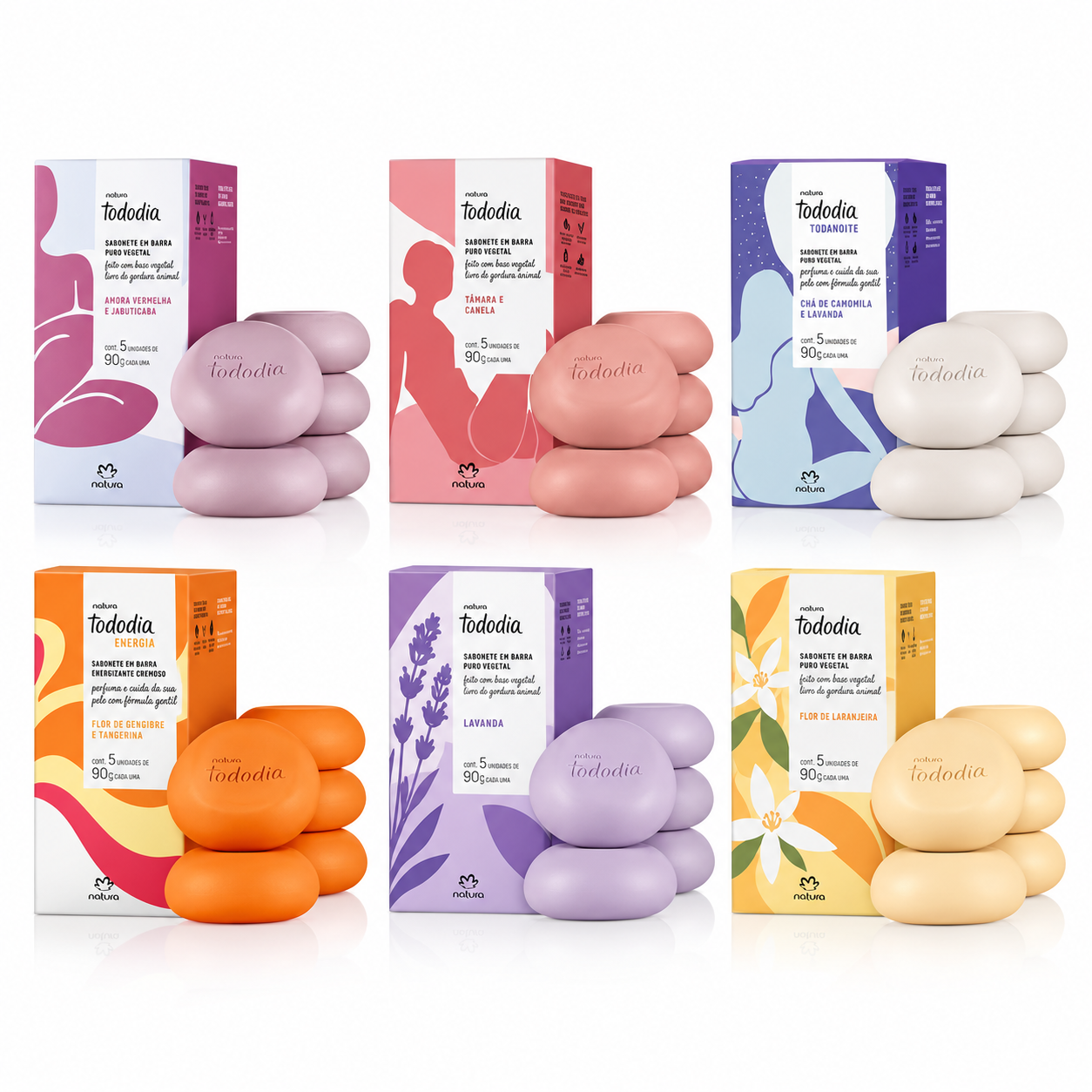 Kit de sabonetes em barra 90g com seis caixas e os sabonetes de cada fragrância